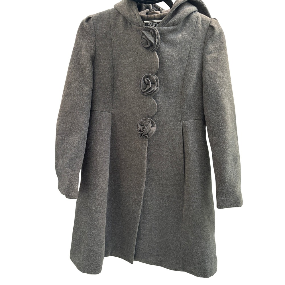 Rothschild Hooded Coat Kid 10/12 Gray Rosette Scalloped Wool Blend Holiday Party